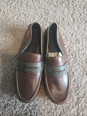 Cole Haan Brown Leather Penny Loafers with Olive Strap Detail